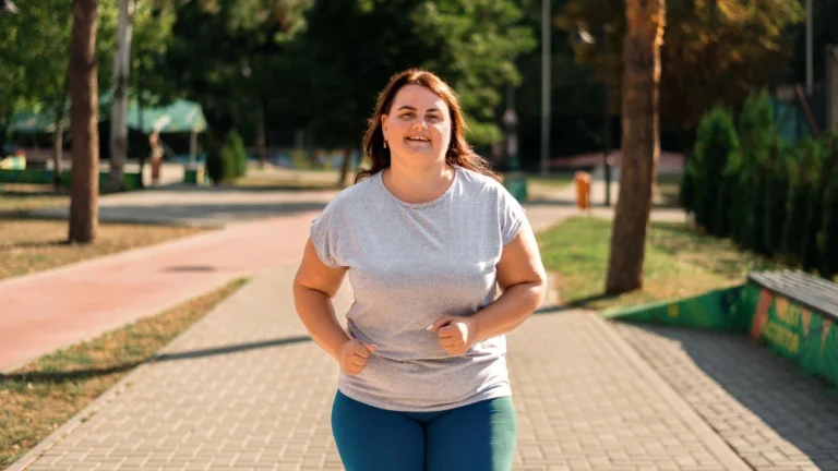 Mujer con sobrepeso corriendo en un parque, destacando el impacto positivo del ejercicio físico para combatir la obesidad y mejorar la calidad de vida y salud general.